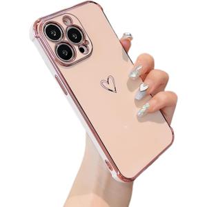 ZTOFERA Designed for iPhone 13 Pro Max Case 6.7 inch,Cute Plating Edge Love Hearts Pattern with Camera Lens Protection Phone Cover for Girls Women,Pink