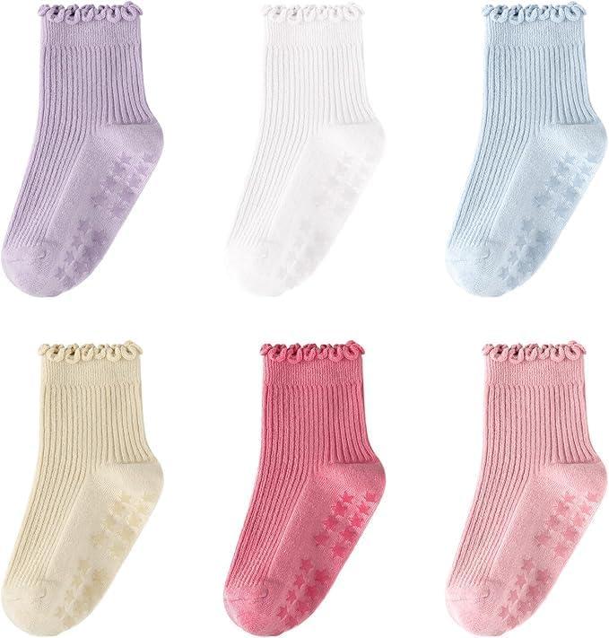 3 x CoolMate Toddler Girl Socks, Non-Slip Grip Ruffle Baby Socks for Kid, Ankle