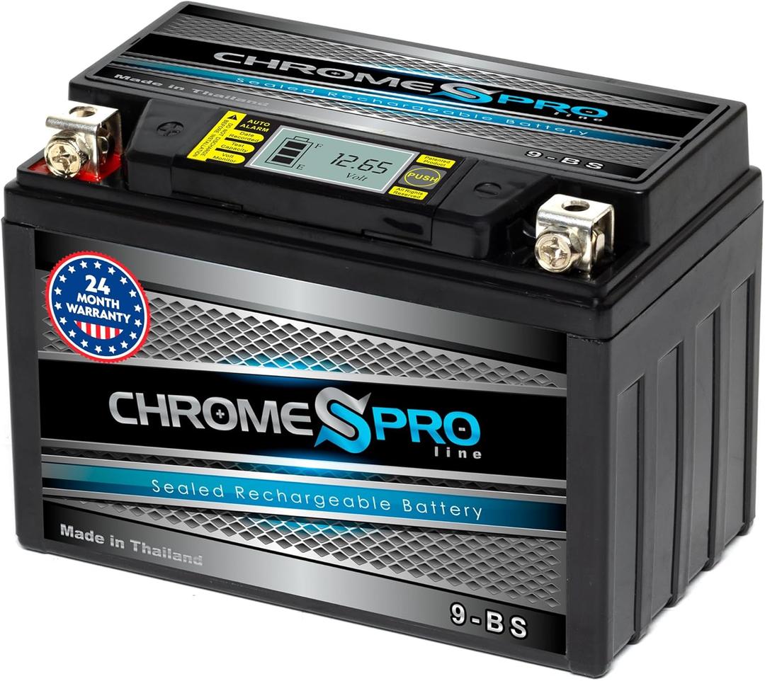 Chrome S Pro iGel YTX9-BS Battery  120 CCA, Gel Electrolyte, LCD Display, 12V 8Ah  Fits ATV, Motorcycle, Scooter, Jet Ski, Dirt Bike, UTV, Snowmobile & More  T3 Nut & Bolt Terminal