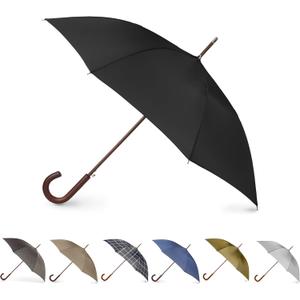 Totes Eco Auto Open Umbrella Classic Wooden J Stick Handle with Easy Grip - Windproof, Rainproof and Durable Canopy Design  Versatile Travel, Perfect for Rainy Days (Black)
