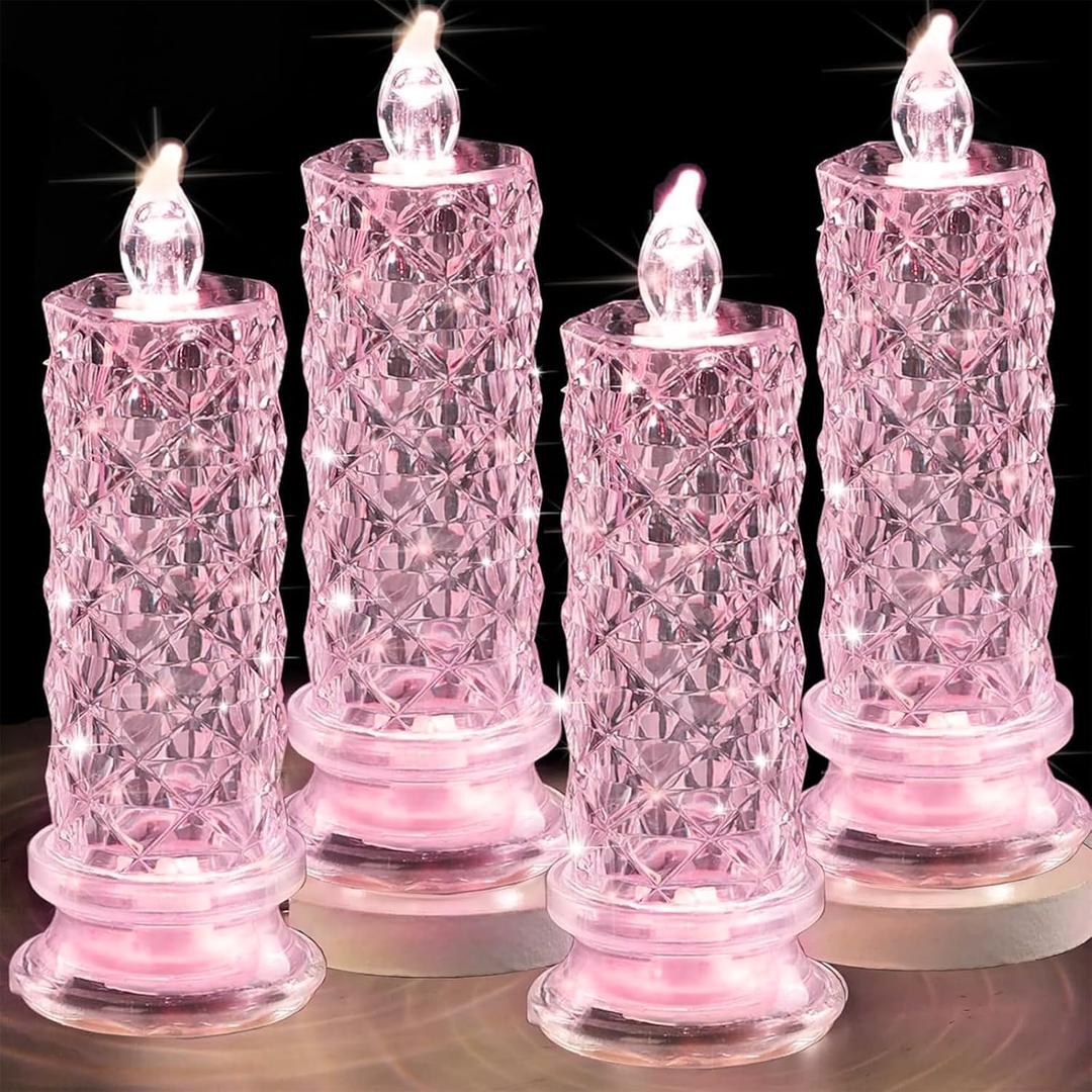 Rose Shadow LED Flameless Candles, 4PCS Romantic Battery Operated Candles Led Pillar Candles for Valentines Romantic Propose Anniversary Wedding Decorations(Pink, D 2.5" x H 7.2")