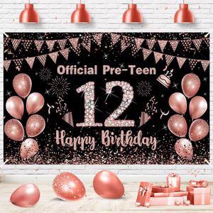 12th Birthday Decorations for Girls Rose Gold Official Pre-Teen 12th Birthday Backdrop Banner 12th Years Old Birthday Part Supplies for 12th Birthday Party Decorations