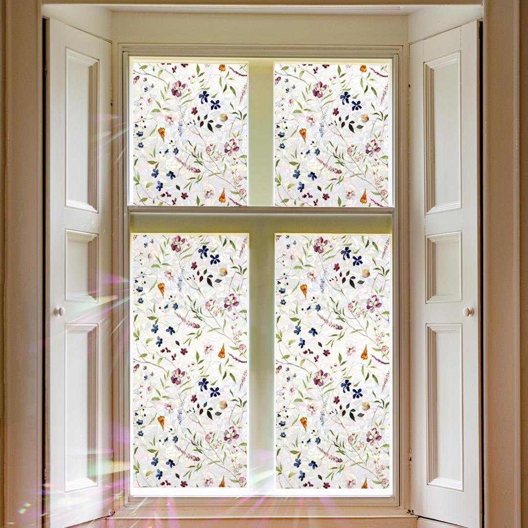 Watercolor Leaves Static Window Film Laser Suncatcher Glass Cling Privacy Decal Living Room Sun Blocking Decor Large Stickers DIY Decorations