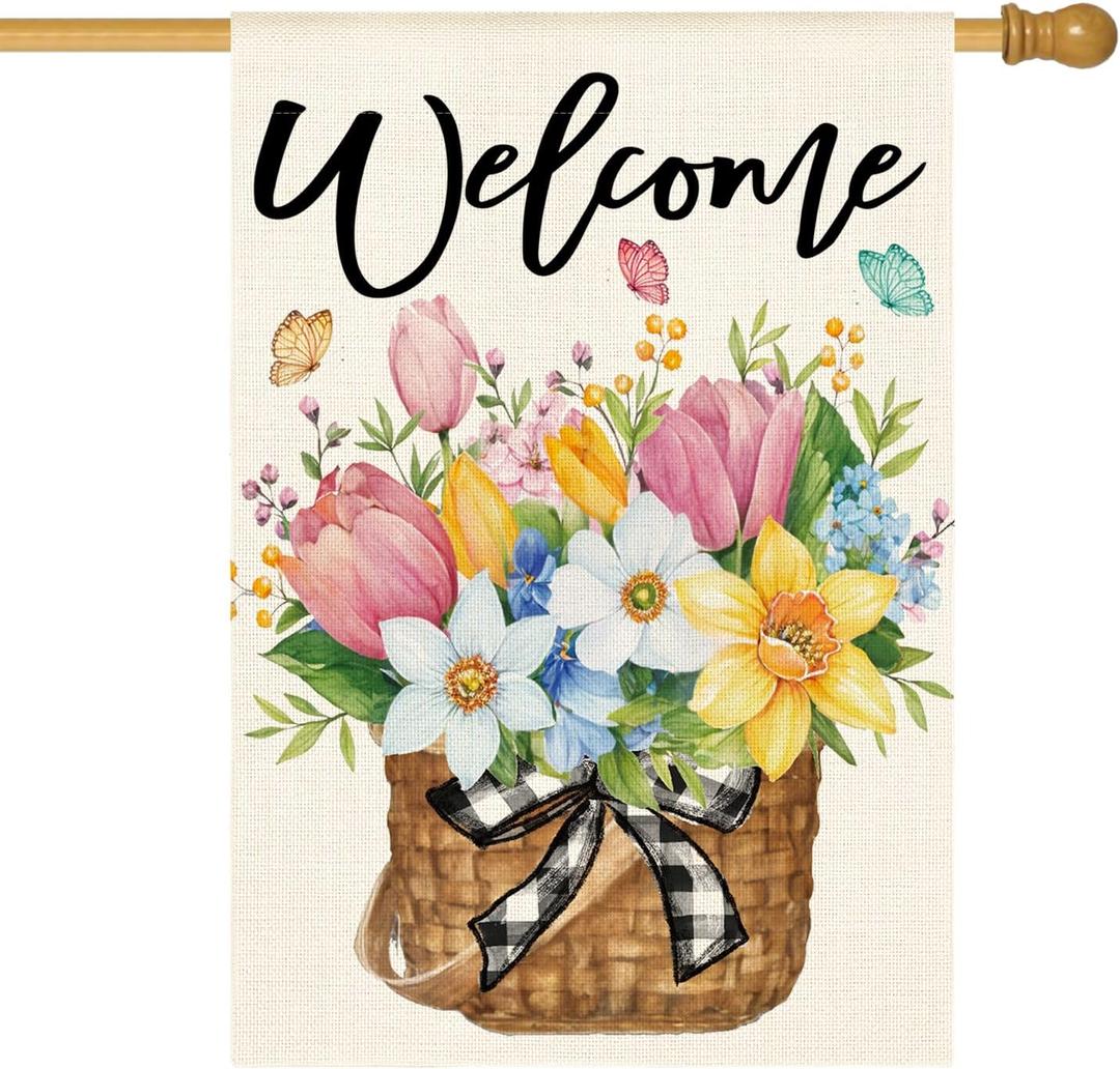 AVOIN colorlife Spring House Flag 28x40 Inch Double Sided Outside, Floral Welcome Yard Outdoor Flag