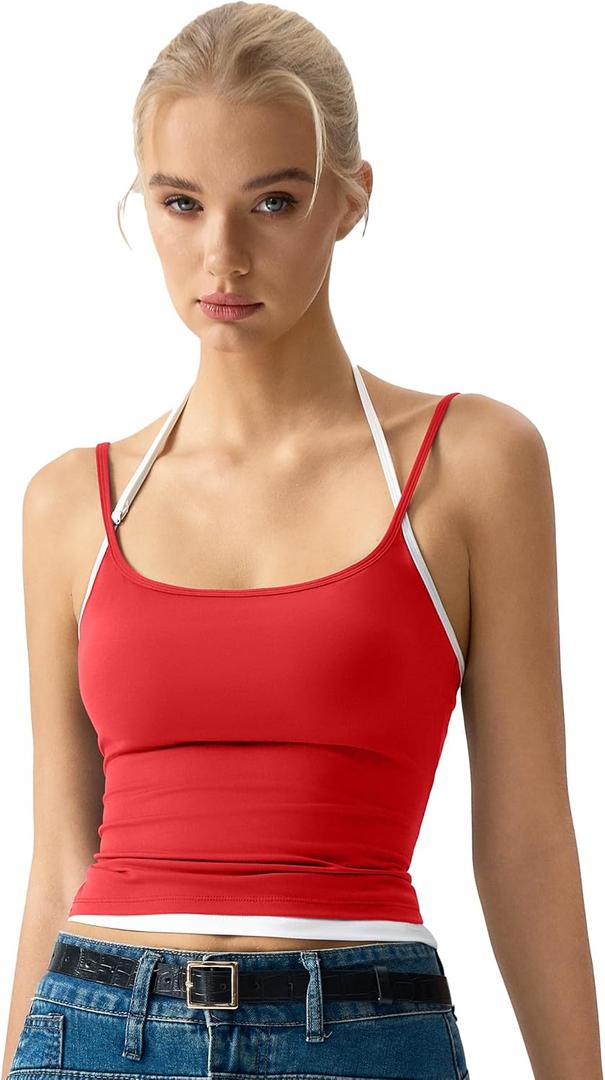 QINSEN Women's Spaghetti Strap Tank Top Slim Fitting Layered Halter Neck Sleeveless Crop Cami Shirt, Red, L