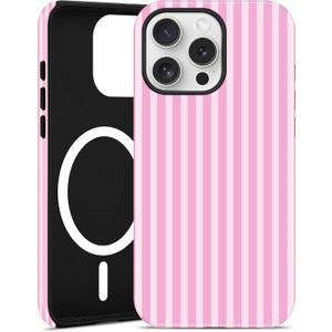 Magnetic Striped Phone Case for iPhone 17 Pro, Compatible with MagSafe, Cute Pink Aesthetic Stripe Soft TPU and Hard PC Shockproof Protective Phone Cover for Women Girls