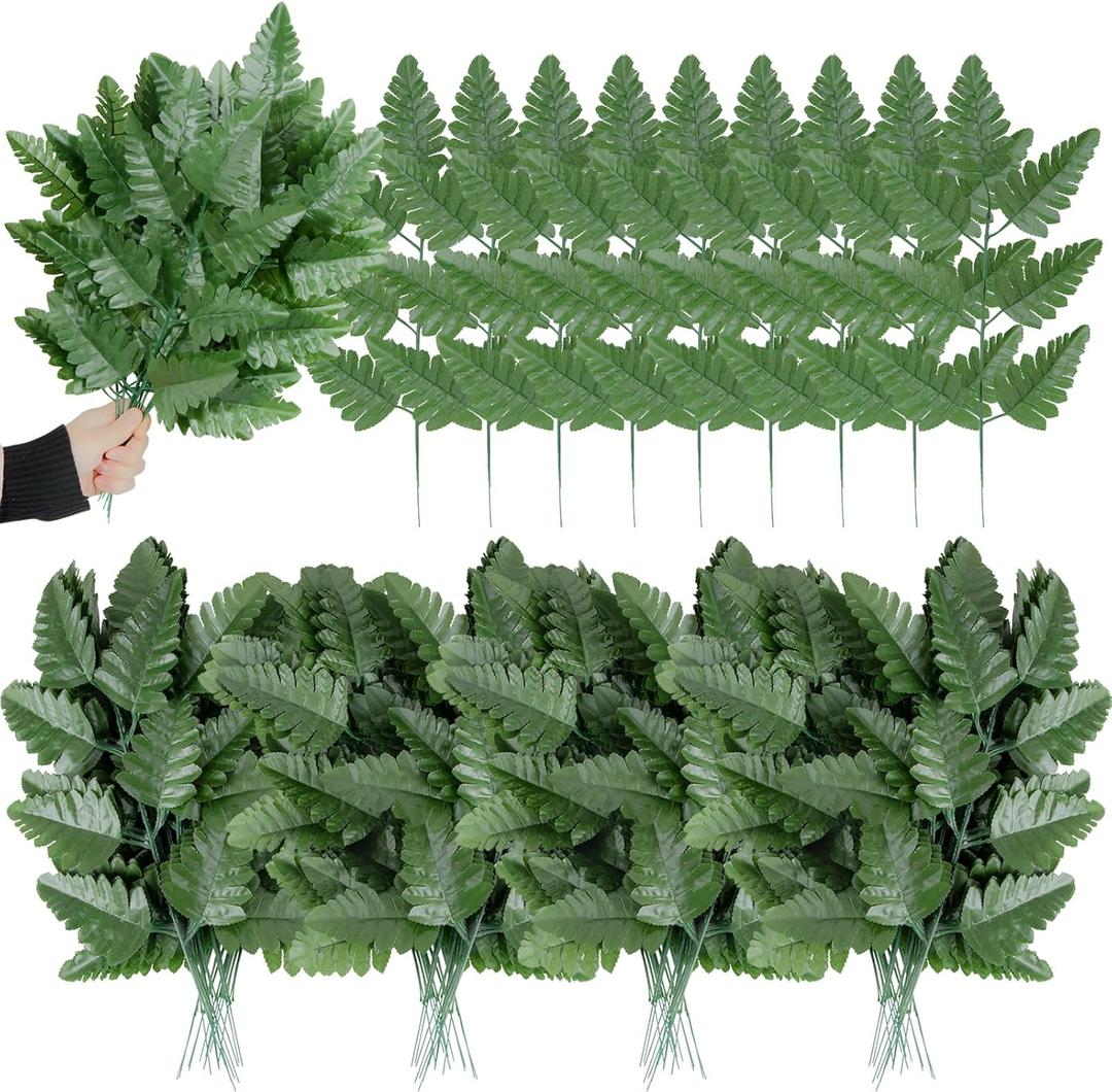 XONOR Artificial Silk Leaf Fern - Artificial Fern Leaves Stem Faux Greenery Plant for Cemetery Grave Headstone Wedding Home Garden Decoration (100Pcs, Dark Green)