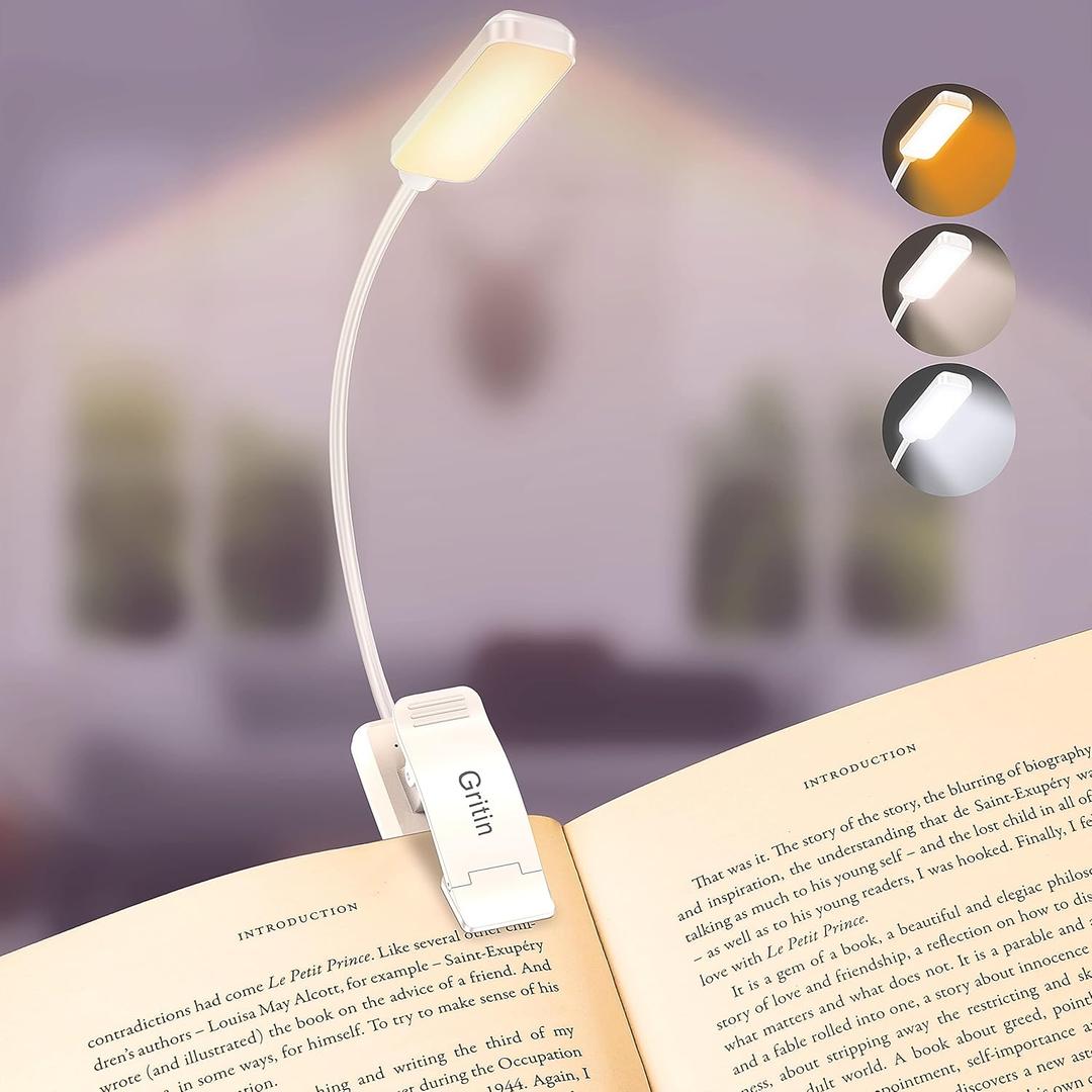Gritin 9 LED Rechargeable Book Light for Reading in Bed -Eye Caring 3 Color Temperatures,Stepless Dimming Brightness,80 Hrs Runtime Small Lightweight Clip On Book Reading Light for Studying-White