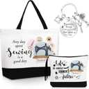 Dansydaisy 3 Pcs Sewing Lover Gift for Women Quilters Canvas Tote Bag Travel Cosmetic Bags Keychain Portable Makeup Zipper Pouch with Handle Funny Sew Shopping Christmas Birthday Gift