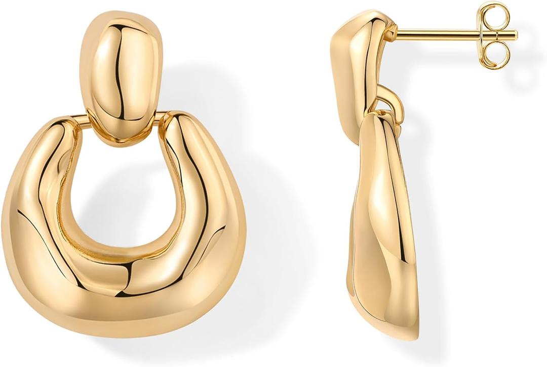 PAVOI 14K Gold Plated Chunky Dangle Door Knocker Earrings for Women | Trendy Geometric Drop Statement Earrings | Jewelry Gifts