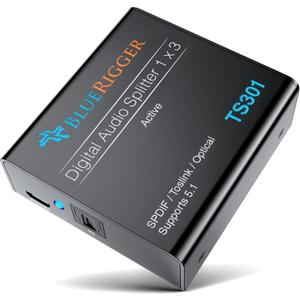 BlueRigger Digital Optical Audio Splitter (Active Toslink Splitter 1 in 3 Out, SPDIF, Fiber Optic Adapter) - Compatible with Home Theatre, Xbox, PS4, DVD, Receiver, TV, LPCM2.0, DTS, Dolby Digital