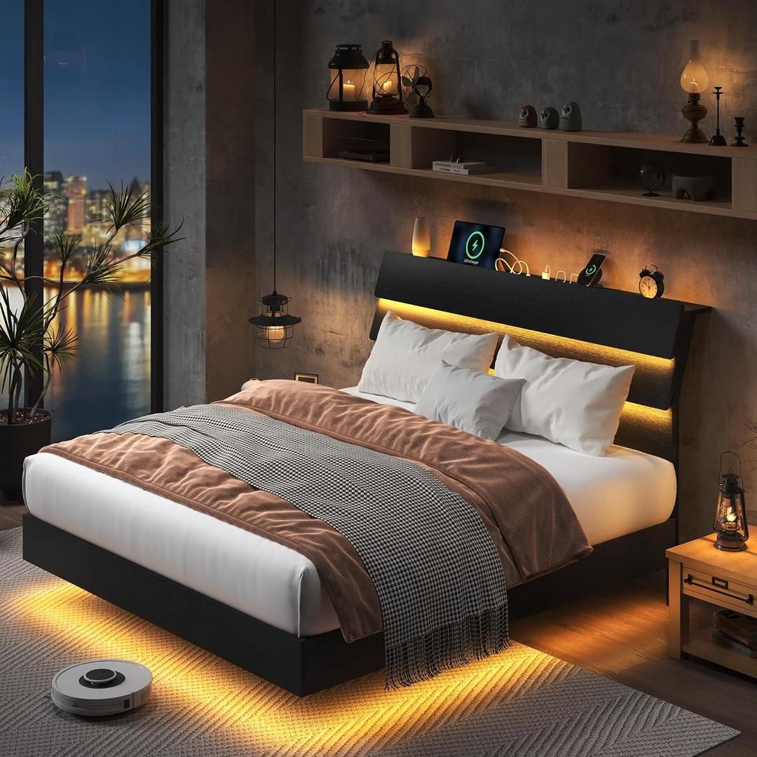 Feonase Floating Bed Frame Full with Led Lights and Charging Station, Wood Full Size Bed Frame with Storage Headboard, Heavy Duty Metal Slats, No Box Spring Needed, Easy Assembly, Noise-Free,Black