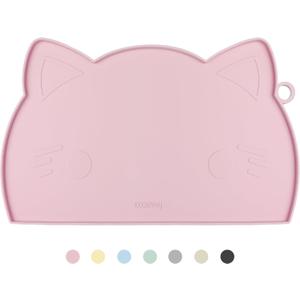 Coomazy Cat Food & Water Mat, Thicker Non-Slip Silicone Mat with Raised Edge (Pink, Medium)