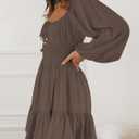 LILLUSORY Women's Long Sleeve Mini Cottagecore Dresses 2026 Fall Outfits Square Neck Casual Flowy Short Dress Fashion (Medium, Brown)