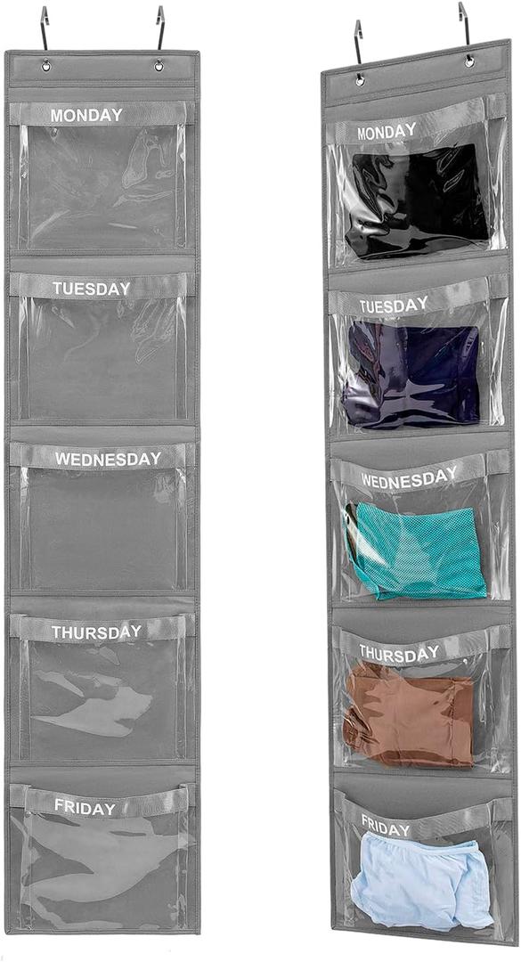 2 Pcs Day of Week Clothing Organizer Monday to Friday School Clothes Organizer for Kids Weekly Hanging Closet Organizer (GREY)