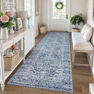 KUTA Vintage Washable Rug Runners 3x10, Blue Non-Slip Kitchen Hallway Long Rugs 10ft with Rubber Backing, Printed Modern Soft Carpet for Entryway Indoor Dining Room (3' x 10' (Runner), Blue Floral)