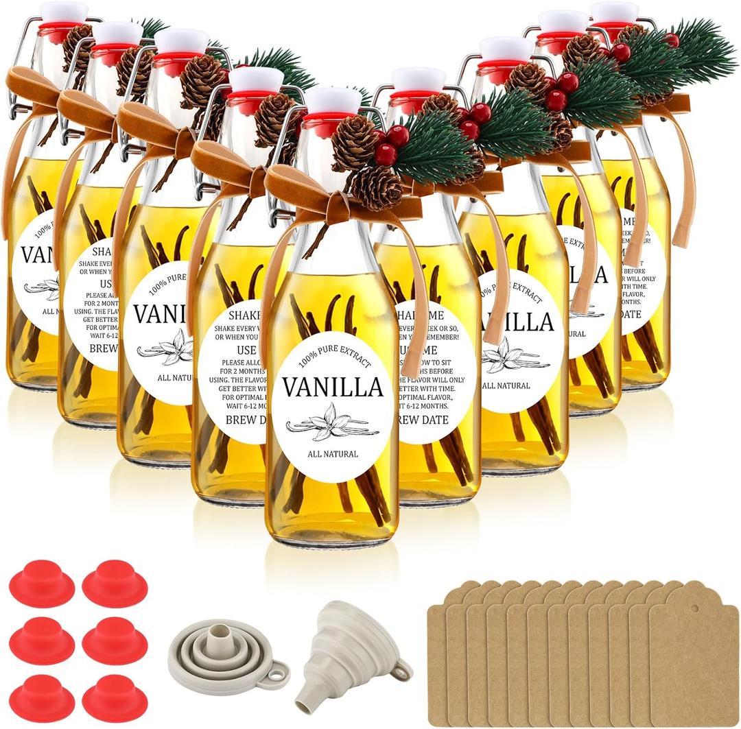 Sieral 9 Sets Vanilla Extract Bottles Clear Swing Top Glass Bottles for Gift Giving Homemade Vanilla Extract Jar Funnel Rope Labels for New Year Brewing Oil Beer Tea DIY Supply (Round, 8 oz)