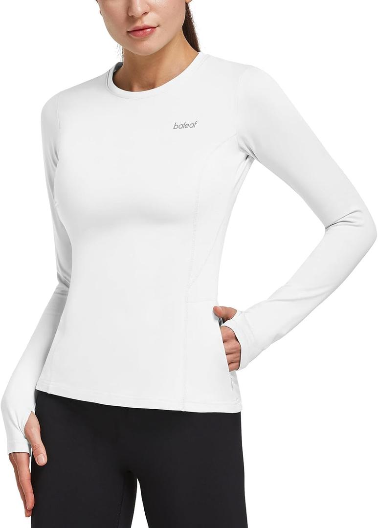 baleaf Thermal Shirts for Women Long Sleeve Fleece Tops Running Workout Cold Weather Gear Compression Zipper Pocket (White, L)