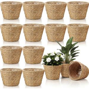 AceOrbit 12 Pcs Wicker Plant Basket with Plastic Liners Woven Stylish Planter Baskets Bulk Indoor Outdoor Seagrass Plants Woven Wicker Baskets for Flower Pots Cover and Room Decor (Medium,Rustic)