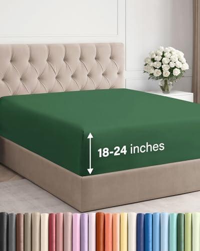 Extra Deep King Fitted Sheet - Hotel Luxury Single Fitted Sheet Only - Easily Fits 18 inch to 24 inch Mattress - Ultra Soft, Wrinkle Free with Extra Deep Pockets - Breathable & Comfy - Emerald Green