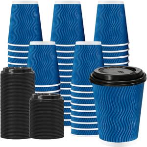 Lamosi 8 oz 100 Pack Disposable Coffee Cups with Lids, Insulated Paper Coffee Cups with Lids, Corrugated Ripple Wall To Go Coffee Cup with Lid for Hot Beverages (Blue)