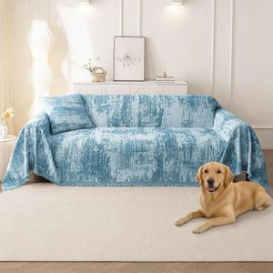 hyha Couch Cover for Dogs, Boho Sofa Covers for 3 Cushion Couch Washable, Chenille Sofa Slipcover for Pets, Soft Loveseat Sectional Couch Throw Blankets with Tassels (Blue/White, 71x118 Inch)