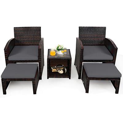 5 Pieces Patio Rattan Sofa Ottoman Furniture Set with Cushions, Black
