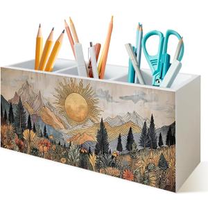 Boho Floral Southwestern Boho Sun Pen Holder for Desk,Western Mountain Desert Cactus Landscape Wooden Box Sign Desk Decor for Home Office Desk Tabletop Decoration,Sun Sunrise Sunset Floral Decor