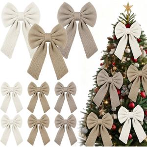 6 Pcs Knitted Large Red Christmas Bows 18in Big Crochet Christmas Tree Bow Neutral Ribbon Bow Hanging for Tree Topper Winter Party Wreath Garland Fireplace Holiday Decorations Beige
