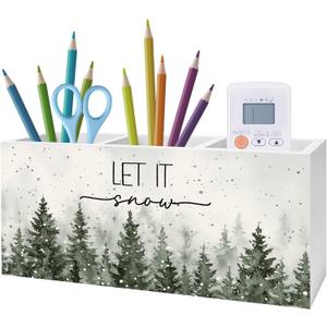 Let It Snow Christmas Pen Pencil Holder for Desk, Winter Office Decor, Christmas Winter Forest Pine Tree Wooden Box Block Sign for Home Office Desk Tabletop Decoration
