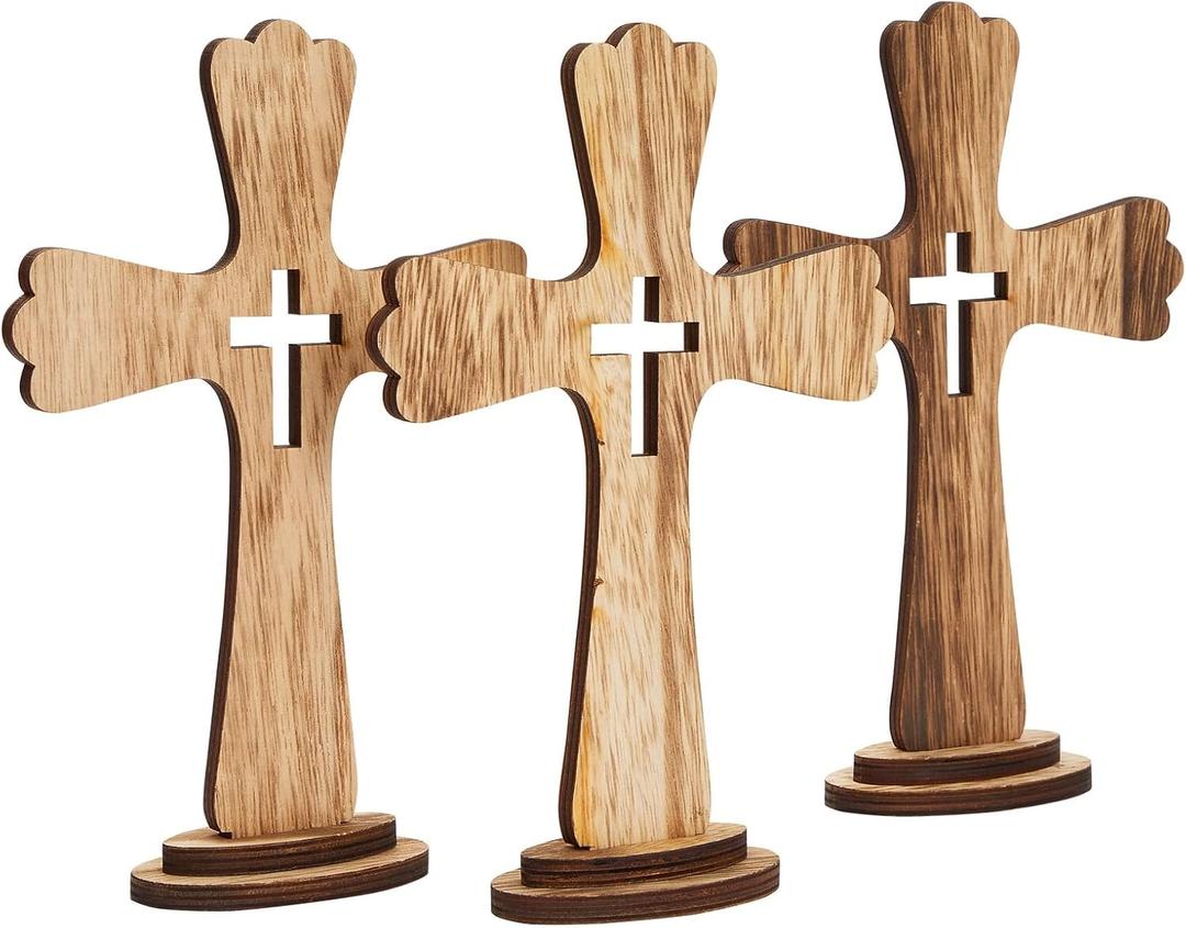 Juvale 3 Pack Catholic Wooden Cross Baptism Centerpieces for Tables, Communion, Home Decor (6 x 9 In), Baptism Decorations for Boys and Girls