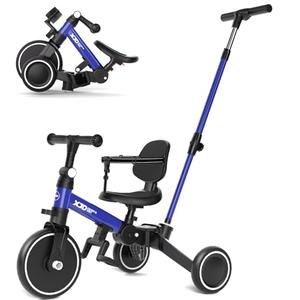 XJD Toddler Bike, 6 in 1 Folding Toddler Tricycle for 1-4 Year Old with Parental Control Handle, Balance Bike with Removable Pedal, Backrest, Adjustable Seat and Handle, First Birthday Gifts (Blue)