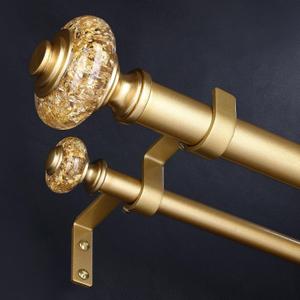 Gold Double Curtain Rods for Windows 72 to 144 Inch, 1 Inch Adjustable Decorative Crystal Long Dual Curtain Rod, Heavy Duty Vintage Double Drapery Pole with Gold Foil Finials for Living Room