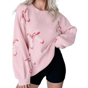 Womens Oversized Cute Bow Tie Sweater Spring 2025 Cozy Chunky Ribbed Knit Crewneck Long Sleeve Pullover Tops (X-Large, Pink)