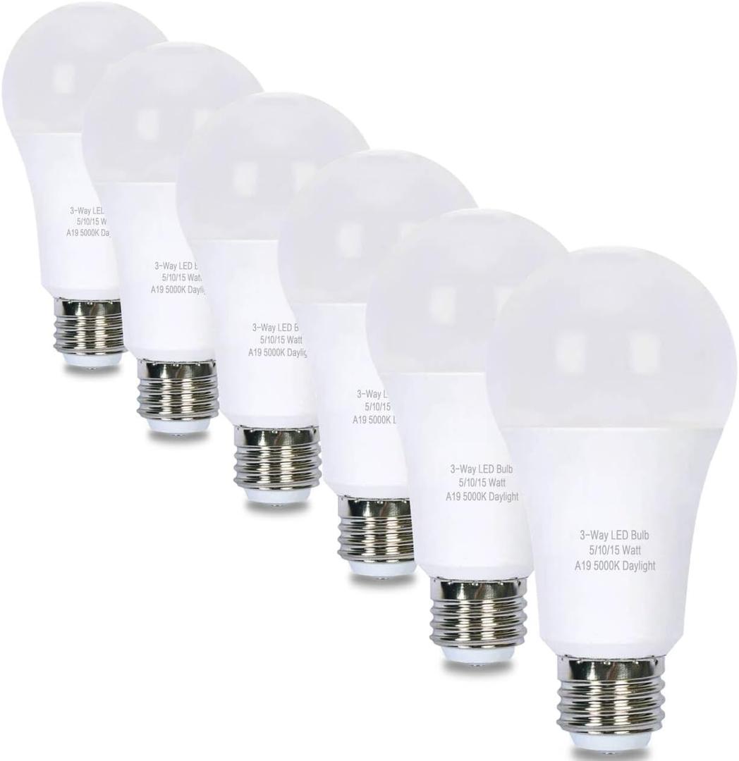 6 Pack 3-Way LED Light Bulb 50W-100W-150W Equivalent, 700LM-1400LM-2100LM Brightness(Low/Medium/High), Daylight 5000K,Three Way A19 E26 Base Bulbs for Table & Floor Lamps