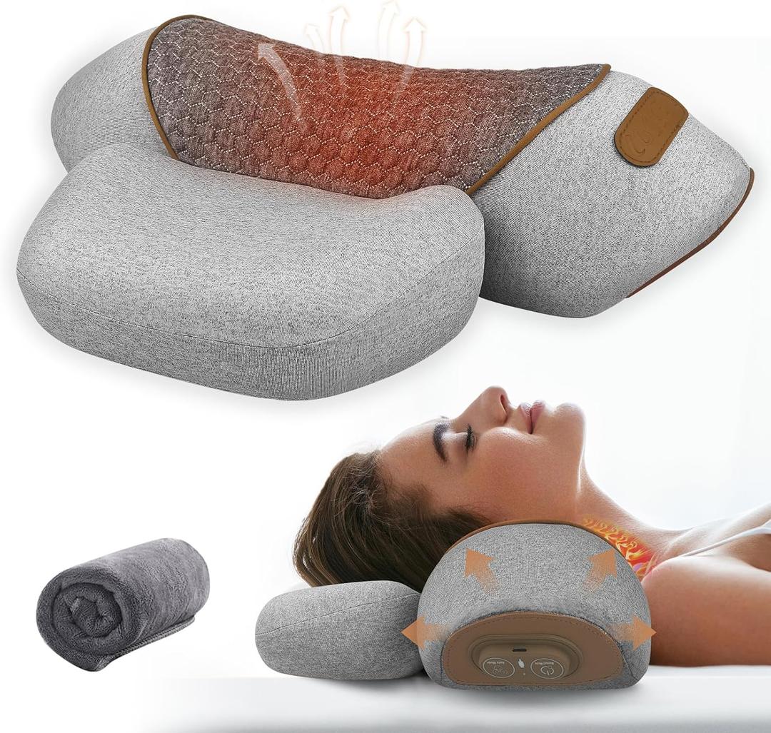 Thera Massage Pillow Neck Hump 3-in-1 Neck Massager Pillow with Heat, Deep Tissue Relief & Neck Traction, Cervical Support & Hump Corrector for Women and Men, Memory Foam Support(Grey)