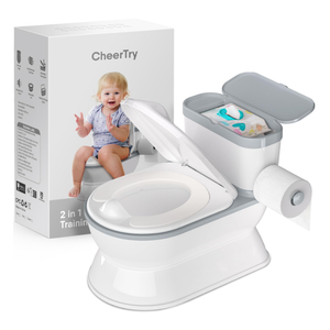 2-in-1 Toddler Potty Training Toilet - Larger Potty Chair & Detachable Training Seat for Boys & Girls Ages 1-3 with Flushing Sound, Wipes Storage, Toilet Paper Holder - Grey