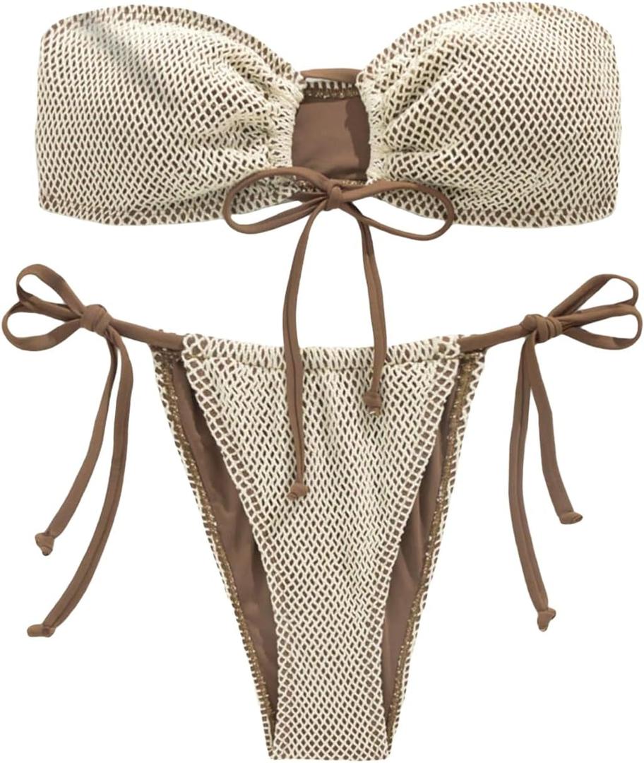 SHENHE Women's Bandeau Bikini Set 2 Piece Drawstring Strapless Tie Side Swimsuit (Medium, Brown)