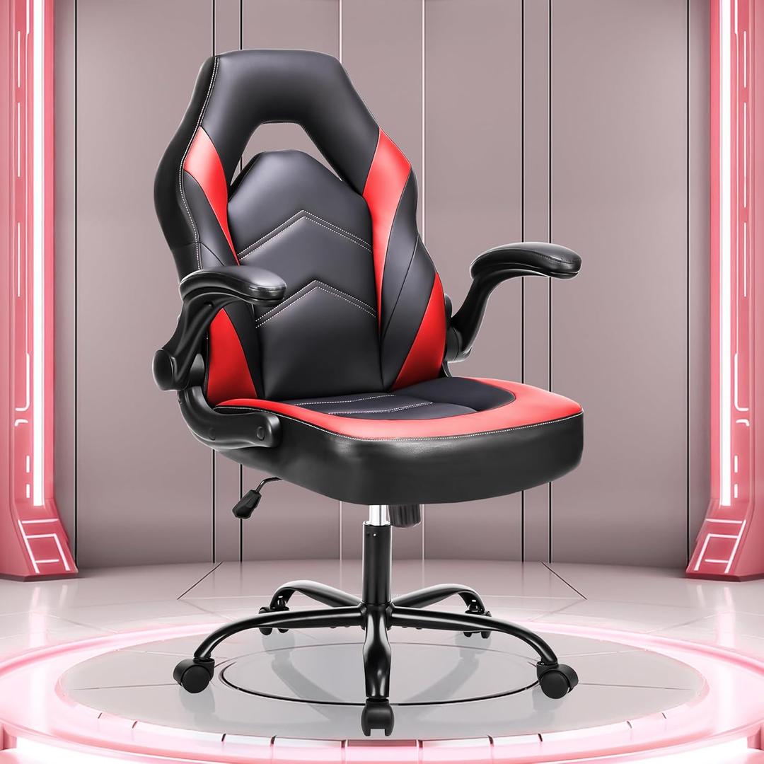 OLIXIS Computer Gaming Desk Chair - Big and Tall Ergonomic Comfy Lumbar Support with Flip-up Armrest and 360 Swivel Wheels, PU Leather Height Adjustable, for Home and Office, Red