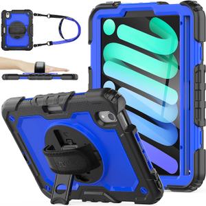 SEYMAC stock Case for iPad mini 7 (A17 Pro) 2024/ Mini 6 8.3'' with Screen Protector Pencil Holder [360 Rotating Hand Strap] &Stand, Drop-Proof Case for iPad mini 7th/6th Generation 8.3", Blue+Black