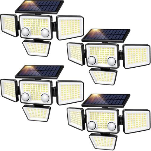 LYWALT Solar Lights Outdoor - 3000LM 188 LED Motion Sensor Outdoor Lights, 4 Heads IP65 Waterproof Powered Security Flood Lights, 270°Wide Lighting Angle Wall Light with Sensors for Backyard (4 Pack)