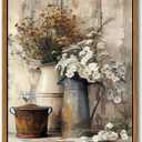 Floating Framed Farmhouse Vintage Canvas Wall Art, Country Floral Daisy Pictures Wall Decor, Wood Grain Art Paintings Poster for Living Room Bedroom Bathroom Rustic Decor 12x16 inch (Retro Flowers)