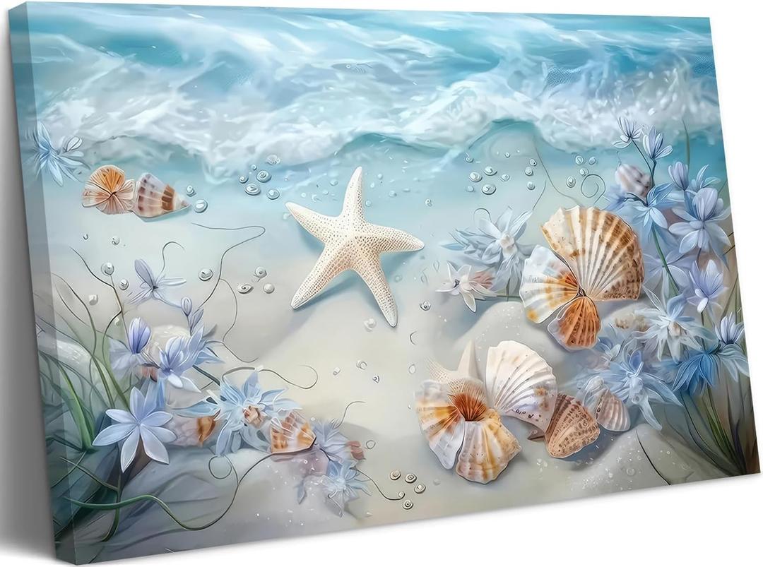 Blue Ocean Beach Conch Canvas Wall Art Starfish with White Flower in Vintage Vase Ocean Coast Picture Poster Prints Painting Artwork Wall Decor for Bathroom Living Room Bedroom Office 24''L x 16''W