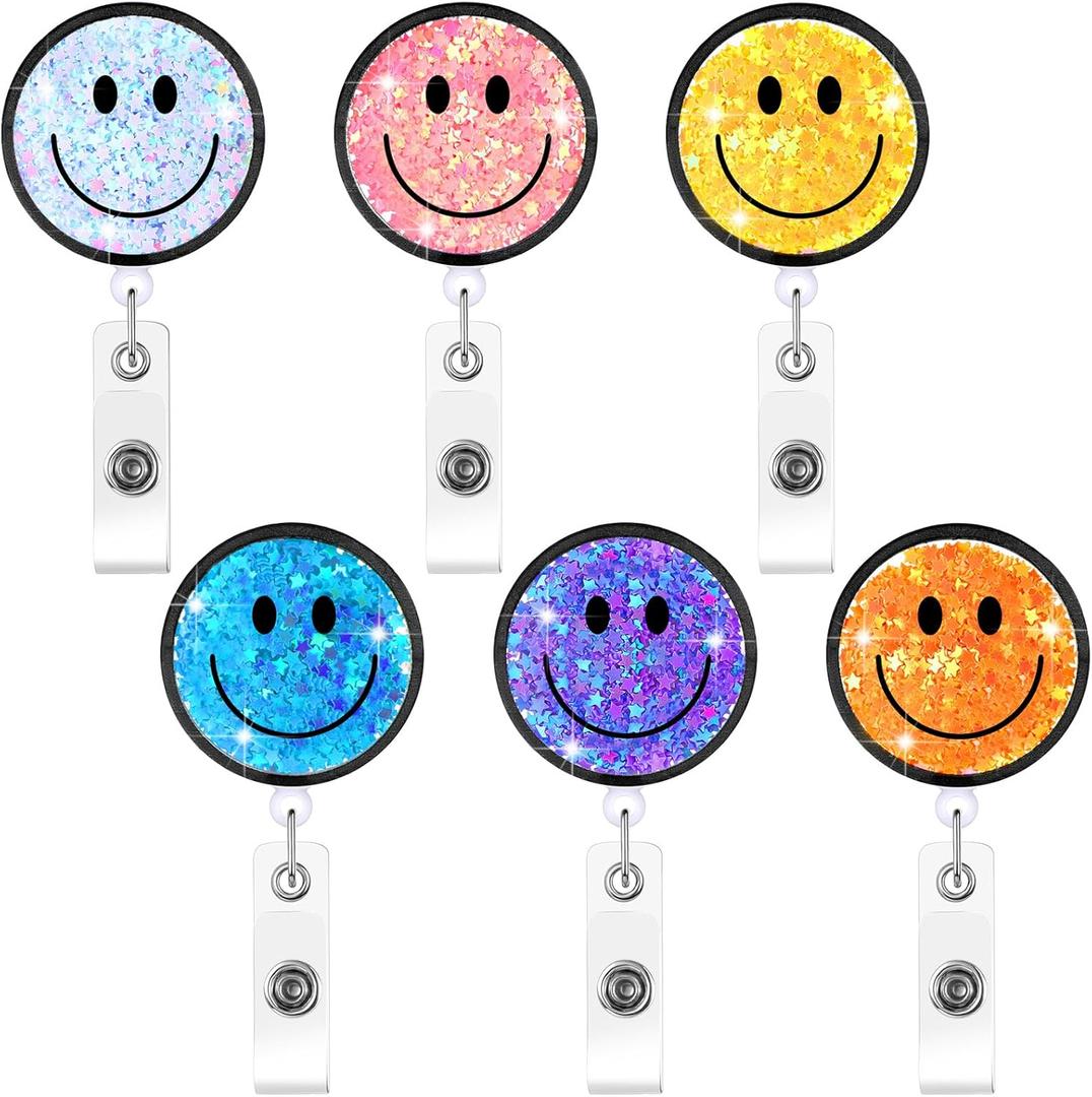 6 Pcs Badge Reel Retractable Smile Face Glitter Badge Holder Name Tag Holders ID Clip with Alligator Clip for Office Nurses Doctors