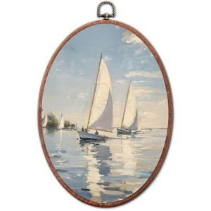 Jinhaichen Vintage Sailboat Painting Print Oval Wall Art Framed, Antique Lake House Seascape Oval Wall Decor, Nautical Hanging Canvas Prints for Bedroom Living Room Decoration, 8.6x11.4 Inch