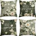 3 x AVOIN colorlife Hello Spring White Daisy Throw Pillow Covers, 16 x 16 Inch Hello Sunshine Eucalyptus Leaves Green Cushion Case Decoration for Sofa Couch Set of 4