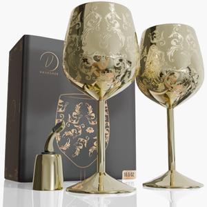 17oz Stainless Steel Wine Glasses [Set of 2]  Gold Royal Goblets with Baroque Engravings, Unbreakable Wine Cups with Bottle Stopper  Ideal for Valentines Day Gift