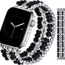 JR.DM Beaded Bracelet Band Women Compatible with Apple Watch 42mm(S3/2/1) 44/45/46/49mm Stretch Handmade Dressy Replacement Strap for iWatch Series 11/10/9/8/7/6/5/4/3/2/1/SE/Ultra, Black Silver