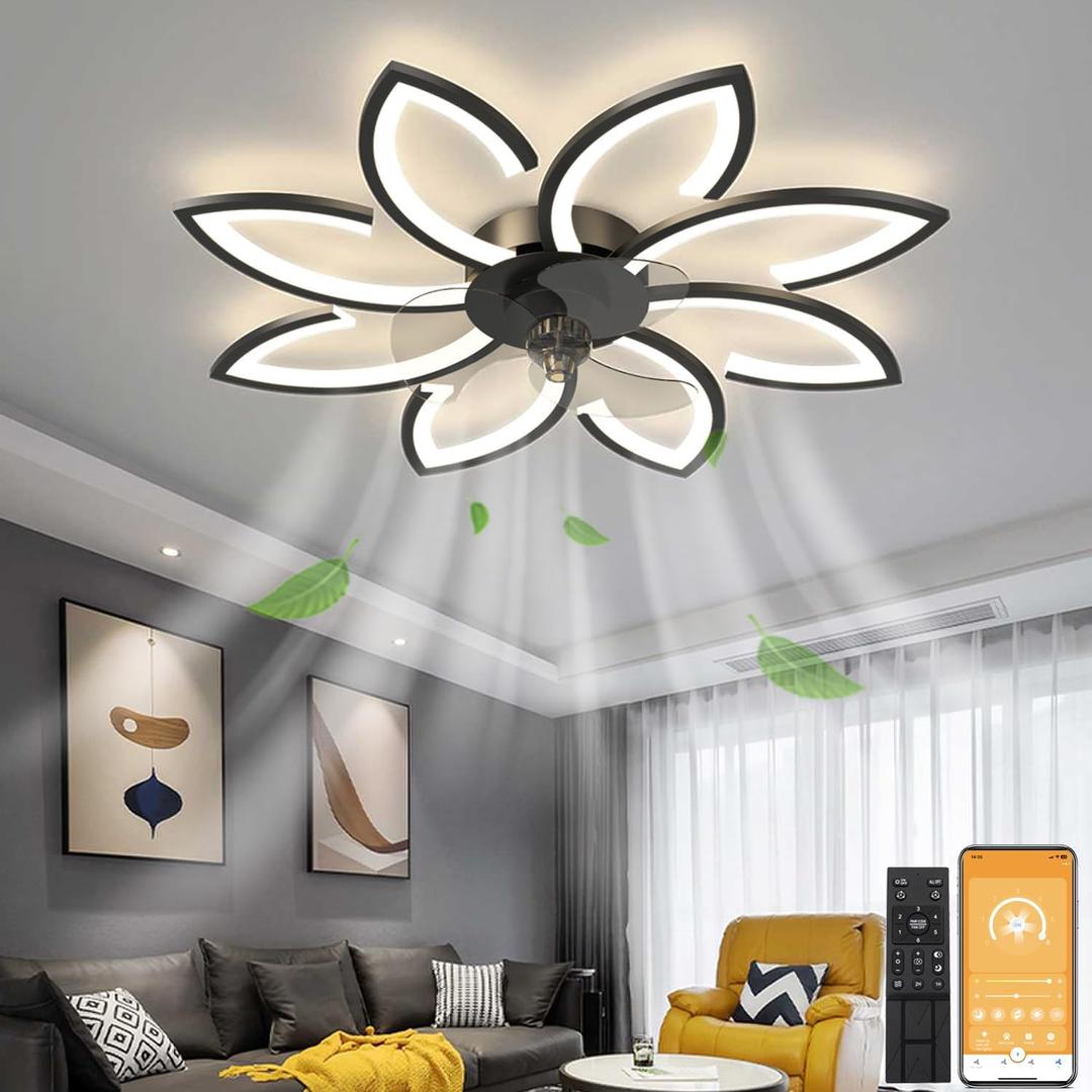 LENIVER 35.5" Ceiling Fan with Lights Remote Control, Modern Low Profile Flush Mount Ceiling Fan with Lights, Dimmable Ceiling Fans 3 Color 6 Speed for Bedroom Living Dining Room Kitchen - Black