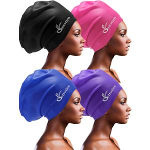 4 Pack Silicone Extra Large Swim Caps for Braids and Dreadlocks Black Women Men Long Hair Swimming Waterproof Pool
